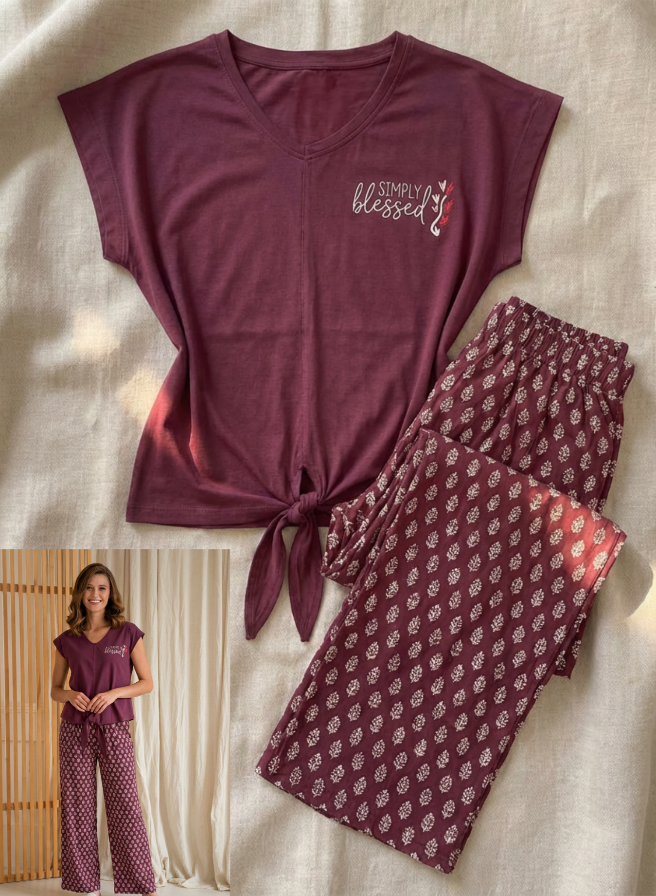 Maroon pajama set with 'Simply Blessed' text on a neutral background