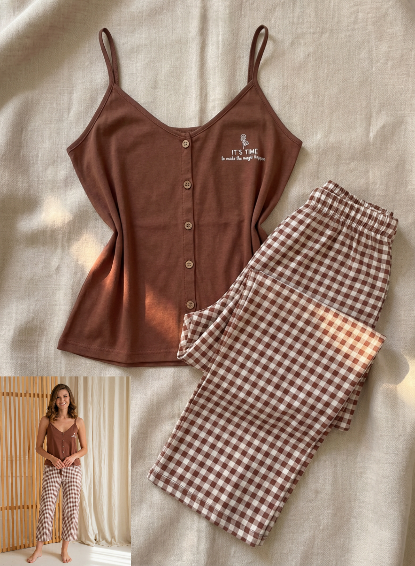 Brown button-up top and checkered pants on a neutral background
