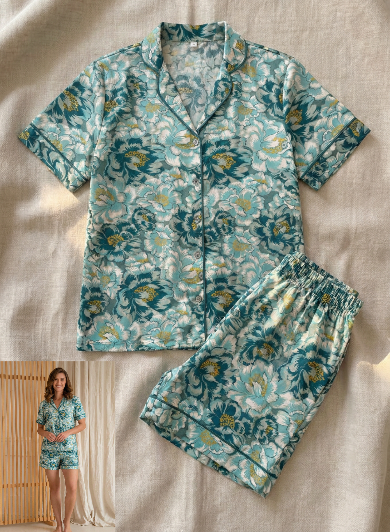 Floral pajama set with a woman wearing it on a beige background