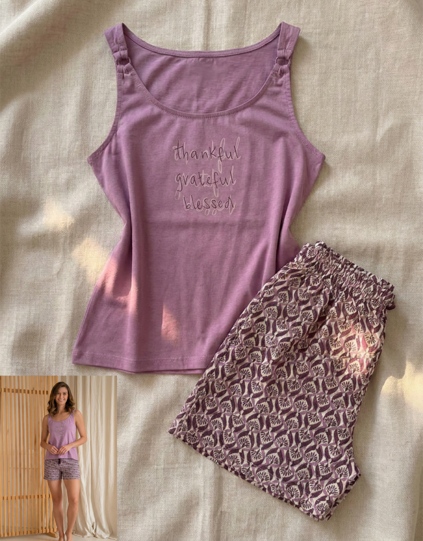Purple tank top with 'Thankful, grateful, blessed' text and matching shorts on a beige background.
