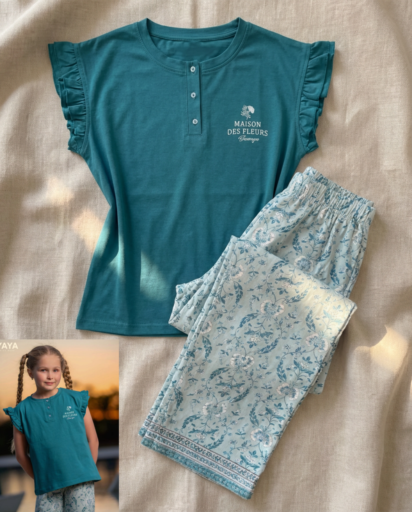 Teal ruffled shirt and patterned pants with a brand logo on a beige background