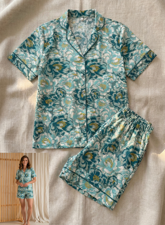 Floral pajama set with a woman wearing it on a beige background